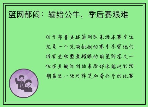 篮网郁闷：输给公牛，季后赛艰难