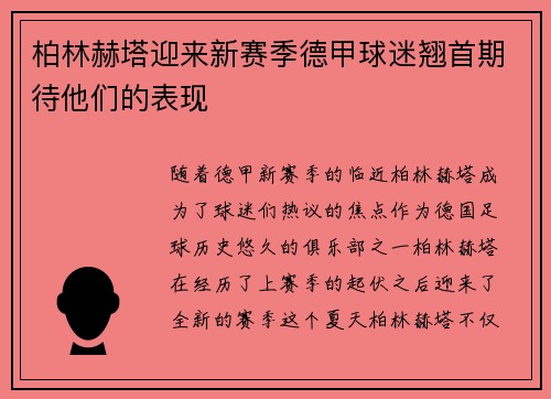 柏林赫塔迎来新赛季德甲球迷翘首期待他们的表现