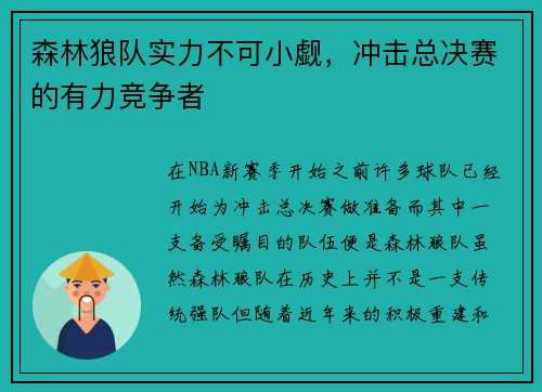 森林狼队实力不可小觑，冲击总决赛的有力竞争者