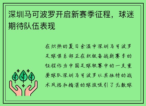 深圳马可波罗开启新赛季征程，球迷期待队伍表现