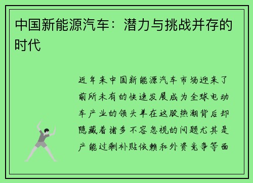 中国新能源汽车：潜力与挑战并存的时代