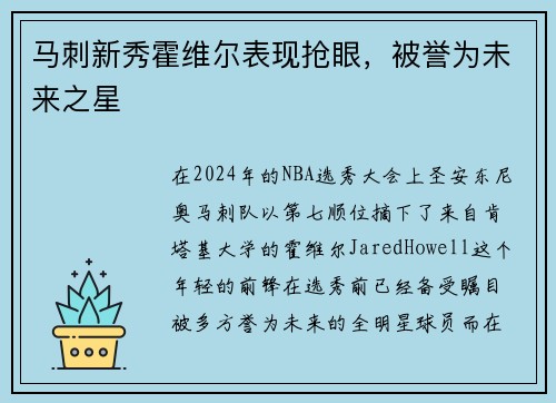 马刺新秀霍维尔表现抢眼，被誉为未来之星