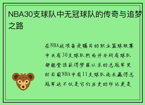 NBA30支球队中无冠球队的传奇与追梦之路